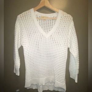 Cream white open loose knit crochet v neck swater